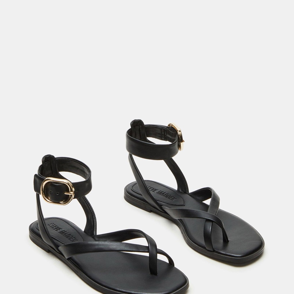 Steve Madden Black Leather Ankle-Strap Flat Sandals With Gold Buckle